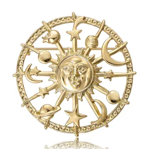 Broche Vintage en Alliage Céleste Soleil Lune Étoile pour Femmes Élégante Planète Astrologique Corsage pour Costumes Bijoux