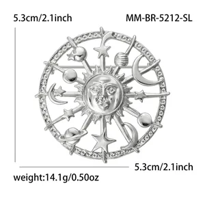 Broche soleil élégante en alliage argenté avec design céleste lune et étoiles 5,3 cm