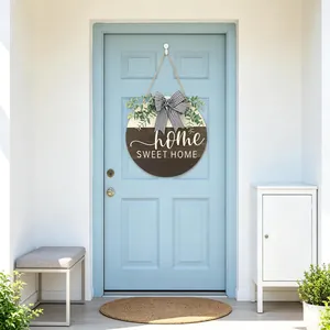 Round Wood Door Sign Welcome Wreath With Faux Eucalyptus Greenery Striped Bow Home Sweet Home Farmhouse Porch Hanging Decor