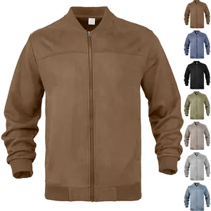 Men Suede Bomber Jacket Full Zip Stand Collar Ribbed Trim Casual Solid Color Outerwear Fashion Coat
