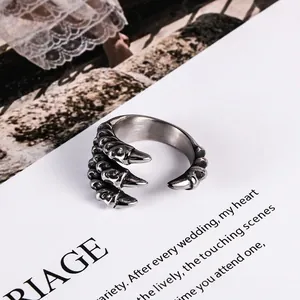 Vintage Dragon Claw Open Ring Stainless Steel Retro Punk Gothic Adjustable Jewelry For Men