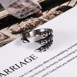 Vintage stainless steel dragon claw open ring for men with antique silver finish