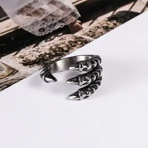 Vintage punk style stainless steel dragon claw open adjustable ring for men in silver