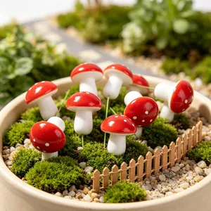 Detailansicht von roten und weißen Miniatur-Schaumpilzen in einer realistischen Moosgarten-Szene