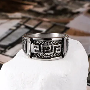 Retro vintage men's titanium steel ring featuring a classic Greek key meander pattern design