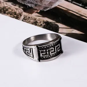 Vintage titanium steel ring for men with Greek key pattern and cool retro silver finish