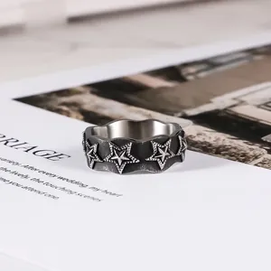Vintage distressed titanium steel ring featuring embossed star patterns and finish