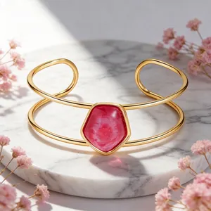Retro Stainless Steel Gold Plated Cuff Bracelet Geometric Resin Stone Inlay Elegant Hollow Open Bangle Jewelry For Women