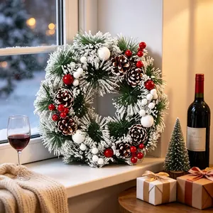 Verschneiter Weihnachtskranz mit Kiefernzapfen und roten Beeren auf einer Fensterbank.
