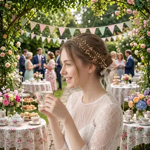 Hand-woven double-layer floral bridal headband worn at a romantic garden wedding party.