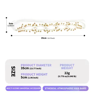 Detailed dimensions and weight of the elegant gold flower bridal hair band accessory.