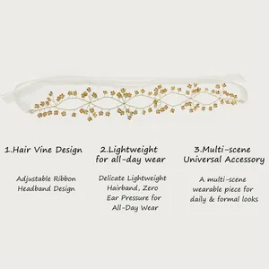 Detail view of hand-woven bridal hair vine with adjustable ribbon and golden flowers
