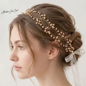 Handmade Bridal Flower Headband Elegant Alloy Metal Floral Double Layer Hairband With Satin Ribbon For Wedding Party Women Jewelry