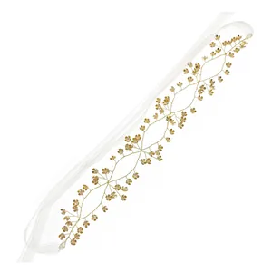 Hand-woven bridal floral hair vine with double-layered gold flowers and sheer white ribbon