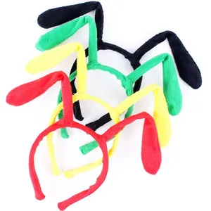 Colorful group of plush animal long ear headbands in red, yellow, green, and black