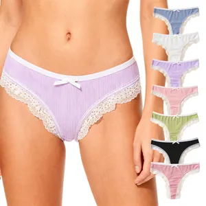String Sexy Pour Femme En Polyester Côtelé Sous-Vêtements Respirants Taille Basse Avec Dentelle Et Nœud Mignon