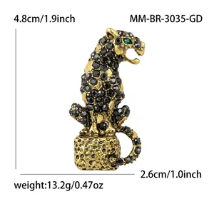 Vintage leopard brooch with black crystals and green eyes detailed measurement view