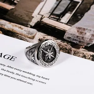 Vintage Stainless Steel Octagonal Star Signet Ring For Men Compass North Star Hip Hop Punk Biker Finger Jewelry Gift