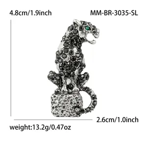 Vintage leopard brooch with black rhinestones, size and weight specifications displayed