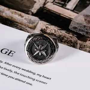 Vintage silver-toned stainless steel octagram star ring for men with antique finish