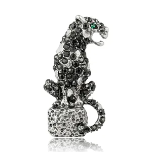 Vintage luxury alloy panther brooch with black crystals and green gemstone eyes for coat