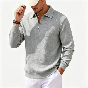 Men's grey American vintage jacquard long sleeve sweatshirt with half-zip polo collar