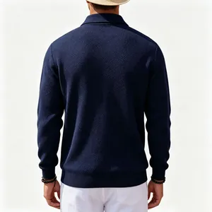Back view of men's navy blue jacquard long-sleeve polo shirt with vintage texture