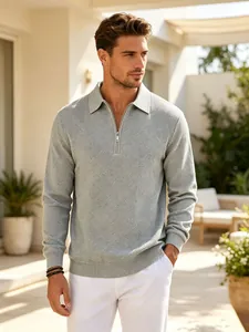Stylish men's light grey jacquard half-zip sweatshirt featuring textured diamond patterns