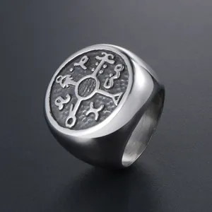 Vintage stainless steel signet ring for men with embossed nordic runes and symbols