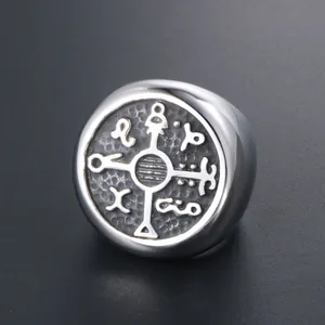 Vintage men's titanium steel signet ring with embossed occult symbols in polished silver finish