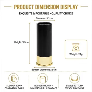 1.5oz Shotglas in Patronenform, schwarz mit goldenem Boden, detaillierte Abmessungen