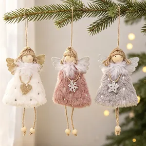 Christmas Angel Doll Hanging Ornament Plush Wood Beads Hemp Rope Sequin Feather Xmas Tree Decor Handmade Cute Festive