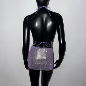 Vue arrière détaillée de la mini-jupe en résille à strass violets avec licou à chaînes