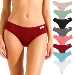 Thong En Coton Pour Femmes Sous-Vêtements Côtelés Taille Basse Culotte Respirante G-String Confortable