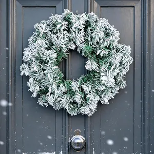 Artificial Christmas Wreath Snow Flocked PVC Pine Needle Frosted Winter Garland For Front Door Wall Holiday Home Decor