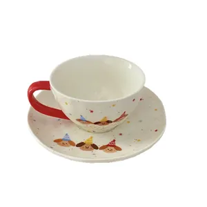 Cute cartoon dog ceramic coffee cup and saucer set with red handle and polka dots