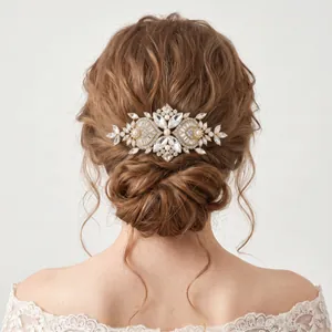 Luxury vintage bridal hair comb with pearls and rhinestones shown on styled hair