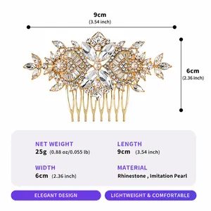 Detailed specification view of a vintage bridal hair comb with dimensions and material.