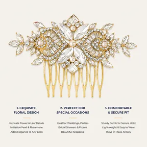 Detailed view of vintage gold bridal hair comb with pearls and rhinestones for weddings