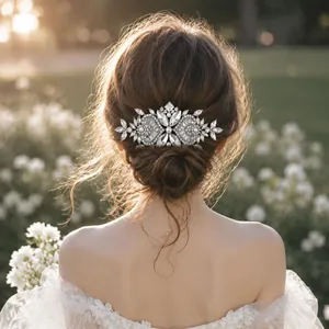 Elegant vintage rhinestone pearl bridal hair comb shown on a romantic wedding hairstyle