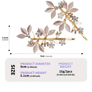 Detailed dimensions and weight chart for gold leaf and rhinestone bridal hairpins