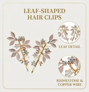 Detailed view of handmade vintage leaf hair clips with rhinestones and copper wire.