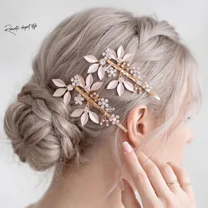 Handmade Leaf Flower Bridal Hair Clips Gold Alloy Rhinestone Artificial Pearl Wedding Hairpin For Women Party Elegant Forest Accessories
