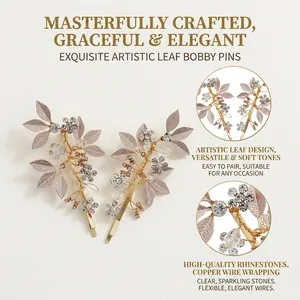 Elegant vintage gold leaf rhinestone hair clips set for bridal wedding hairstyle