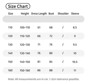 Size chart for girls summer floral shirt dress with measurements in centimeters.