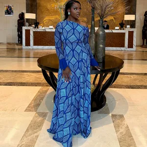 One Shoulder Maxi Dress For Women Geometric Print Long Sleeve Bell Cuff Asymmetric Bodycon Floor Length Orange White