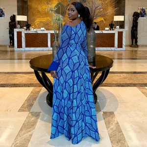 One-shoulder African print maxi dress with long sleeves in blue geometric pattern