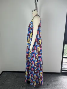 Side view of a vibrant colorful geometric print sleeveless maxi dress on a mannequin