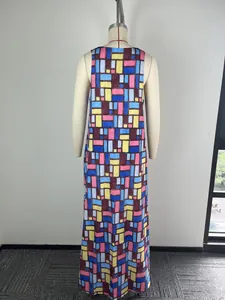 Rear view of vibrant geometric block print sleeveless maxi dress with elegant round neck