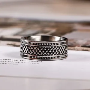Bague En Acier Inoxydable À Damier Vintage Pour Hommes Femmes Punk Rétro Anneau Large Avec Bord Perlé Bijoux Hip Hop